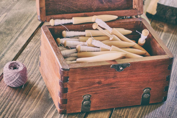 istock Vintage box of spools for yarn. Coil retro with coiled spindle for spinning wheel 1183472963