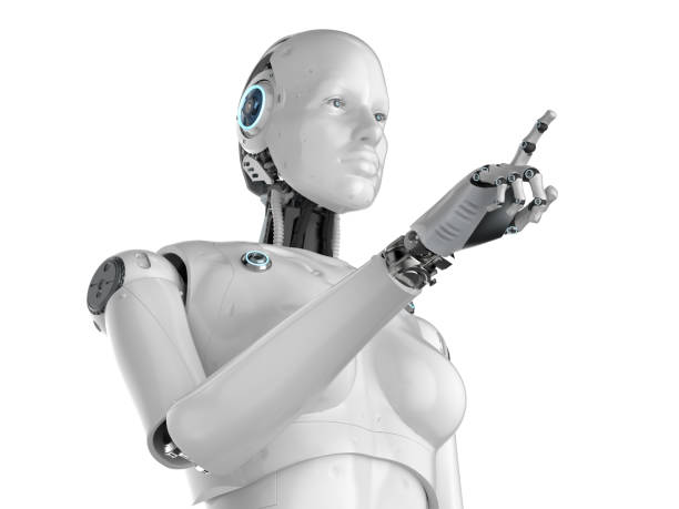 istock Female cyborg or robot finger point 1183473052