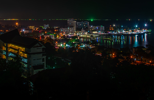 Chonburi, thailand - Oct 05, 2019 : Laem Thaen with top view on Khao Sam Muk Mountain at night view of chonburi, Beautiful Khao Sam Muk view point twilight.