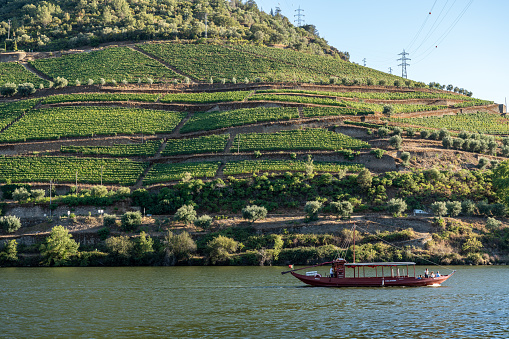 Pinhao, Portugal - 13 August 2019: Tourists on Rabelo tour boat on river in Douro valley near Pinhao in Portugal