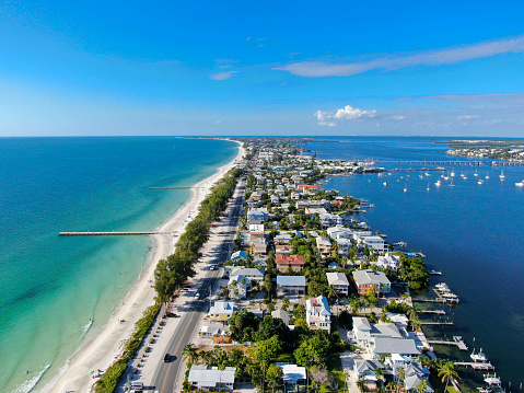 Aerial view of Anna Maria Island town and beaches, barrier island on Florida Gulf Coast. Manatee County. USA