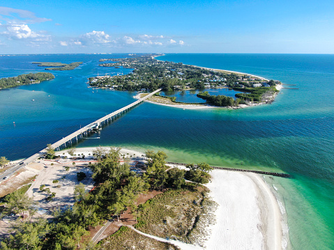 Aerial view of Longboat Key town and beaches in Manatee and Sarasota counties along the central west coast of the U.S. state of Florida.