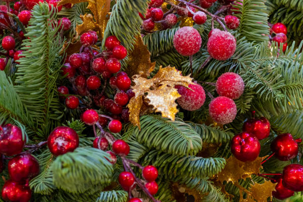 istock Xmas decorations. Red berries covered with snow, weigh on Christmas tree branch 1183489191