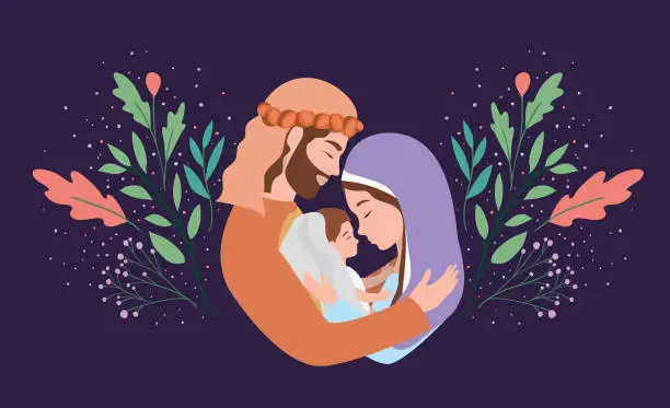 Vector illustration of cute holy family manger characters