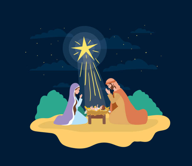 illustrazioni stock, clip art, cartoni animati e icone di tendenza di bella famiglia santa con gesù in paglia culla mangiatoia personaggi - madonna della salute