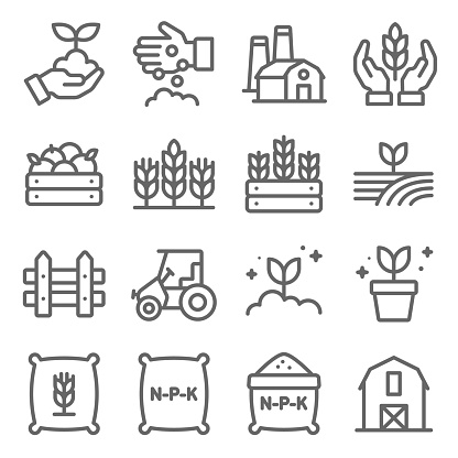 Farming icons set vector illustration. Contains such icon as agriculture, planting, fertilizer, fence and more. Expanded Stroke