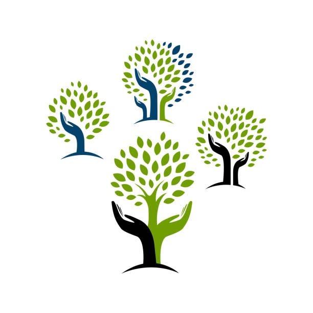 ilustraciones, imágenes clip art, dibujos animados e iconos de stock de eco verde árbol de la mano logotipo diseño de vector de inspiración - ecological reserve