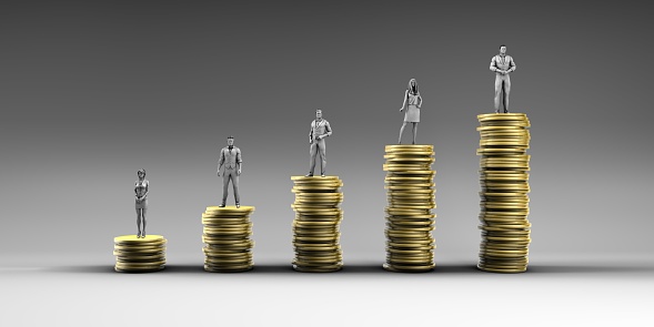 Finance Wealth Increase with Business People Standing on Chart of Gold Coins