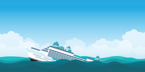 Capsized cruise ship. Capsized cruise ship.The ship went under water half swimming on the blue sky background, Vector Illustration. sinking boat stock illustrations