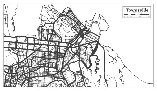 таунсвилл австралия город карта в черно-белом цвете. карта контура. - city urban scene planning black and white stock illustrations