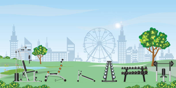 Outdoor workout gym equipment and trainer machine in public park. Street fitness background elements. Sport background. Vector illustration.