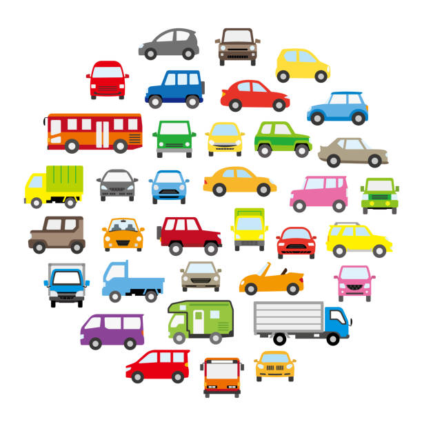 okrągła galeria ikon różnych samochodów - kolor pop - - two dimensional shape stock illustrations