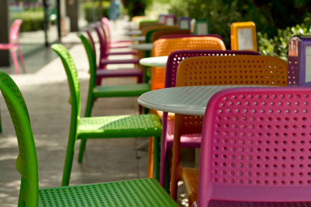 istock Plastic colorful tables and chairs in the cafe. 1183506411