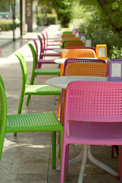 istock Plastic colorful tables and chairs in the cafe. 1183506422