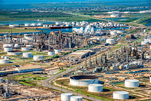 Aerial view of a large Texas oil refinery along the Galveston Bay in Texas City, Texas just south of Houston.