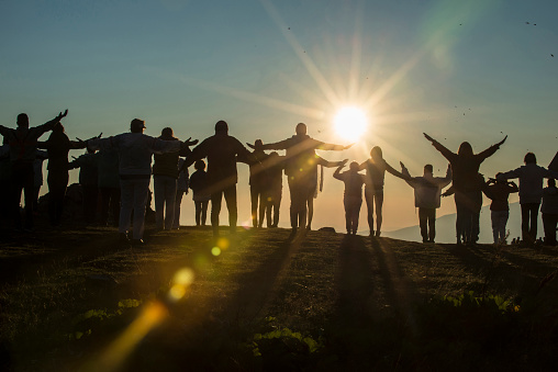 Rila Mountain, Bulgaria - August 19, 2019 : Followers of the Universal White Brotherhood,perform a dance-like ritual called paneurhythmy