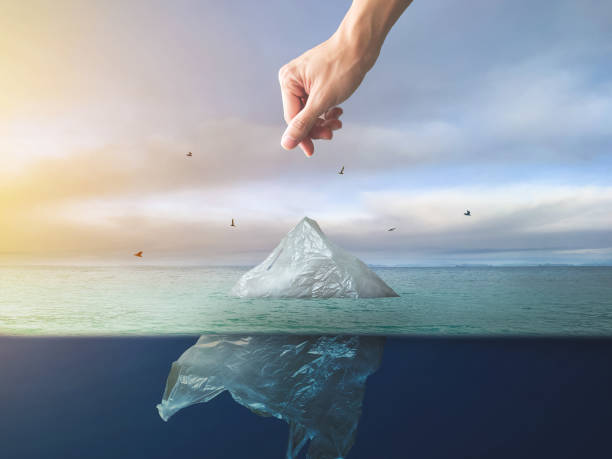 istock Hand throwing plastic bag floating in ocean, environment pollution 1183515296