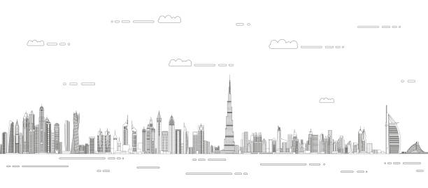 두바이 크립토 스케이프 라인 아트 스타일 벡터 상세한 일러스트 레이션입니다. 여행 배경 - dubai skyline panoramic united arab emirates stock illustrations