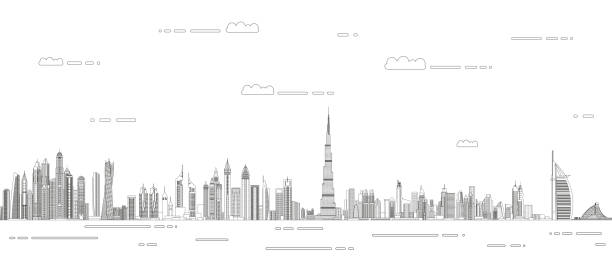 дубай линия искусства вектор подробной иллюстрации. туристический фон - dubai skyline panoramic united arab emirates stock illustrations