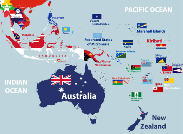 vector map of Australia, Oceania and South East Asian countries mixed with their national flags vector art illustration