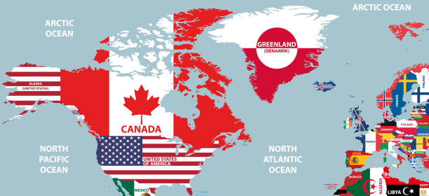 vektorteil der weltkarte mit region der nordamerikanischen und europäischen länder gemischt mit ihren nationalflaggen - alaska us bundesstaat stock-grafiken, -clipart, -cartoons und -symbole