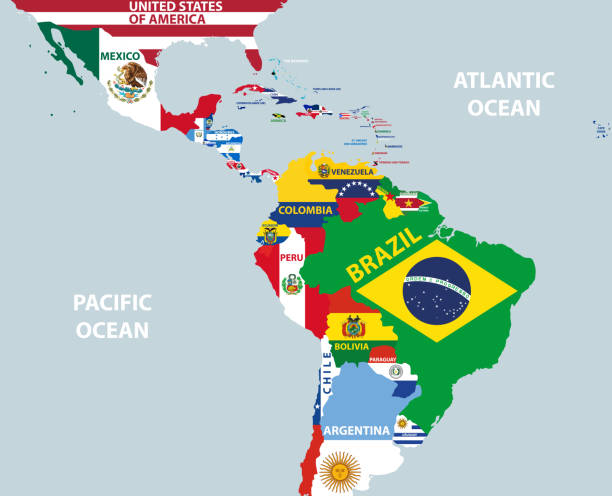 illustrations, cliparts, dessins animés et icônes de partie vectorielle de la carte du monde avec la région des pays d'amérique latine mélangéavec leurs drapeaux nationaux - amérique latine