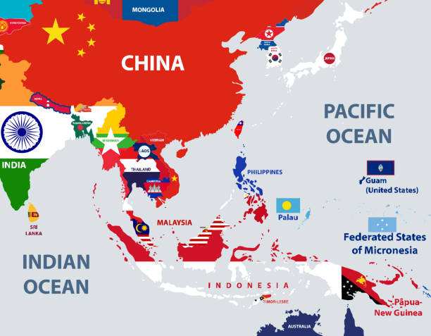 illustrazioni stock, clip art, cartoni animati e icone di tendenza di mappa vettoriale dei paesi del sud-est asiatico mescolati con le loro bandiere nazionali - philippines map cartography asia