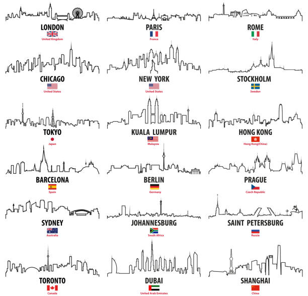 illustrazioni stock, clip art, cartoni animati e icone di tendenza di icone del contorno vettoriale di città del mondo skylines con bandiere nazionali - stockholm