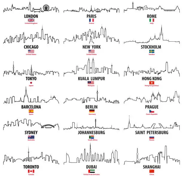 Vector illustration of vector outline icons of world cities skylines with national flags