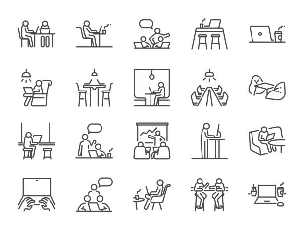 Co-working space line icon set. Included icons as coworkers, coworking, sharing office, business, company, work and more. Co-working space line icon set. Included icons as coworkers, coworking, sharing office, business, company, work and more. desk symbols stock illustrations