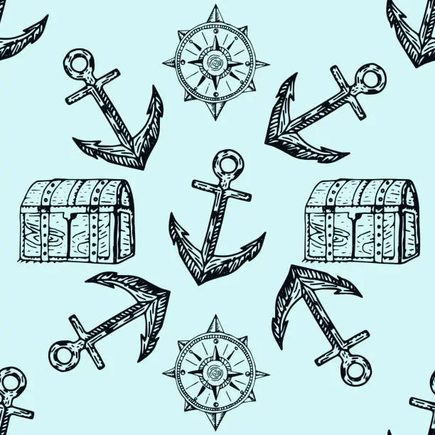 Vector illustration of Morning life. Doodle seamless pattern. Pirates hand drawn textures and background.