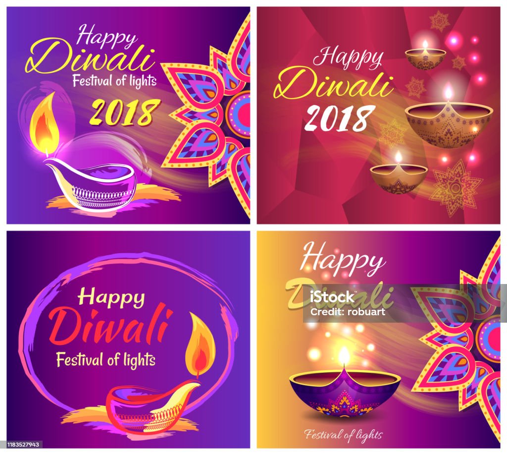 Happy Diwali Festival Of Light 2018 Set Of Posters Stock ...