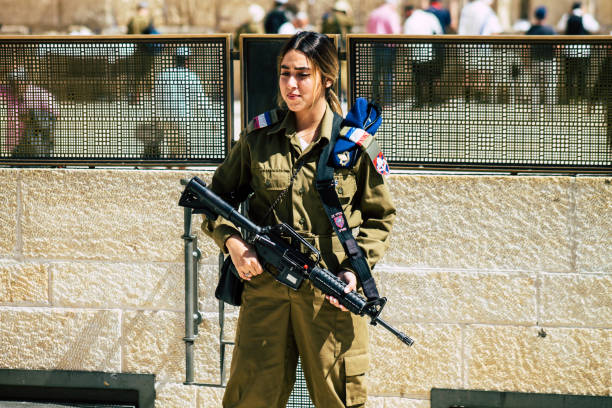 Jerusalem Israel October 6, 2019 View of unknowns Israeli soldiers standing front  the western wall in the old city of Jerusalem in the afternoon
