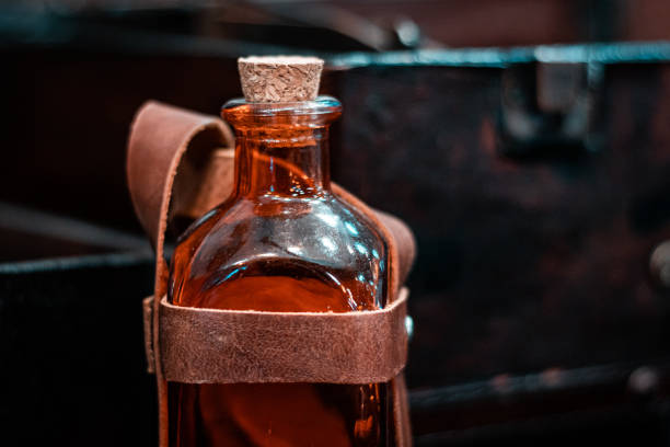 alchemy tools, potions and elixir for black magic sorcery. Halloween creepy horror themes.