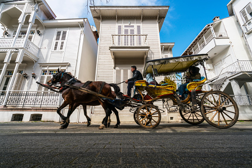 Istanbul, Turkey - March 10, 2019: Horse carriage and traditional wooden houses  at Buyukada, Istanbul Turkey. Buyukada is the largest of the nine so-called Princes' Islands in the Sea of Marmara, in Istanbul