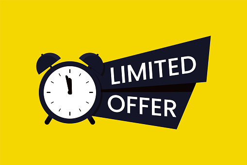 Black limited offer icon, symbol on yellow background. Promo with clock and banner. Last chance to buy concept. Sale banner, poster. Flat vector illustration.