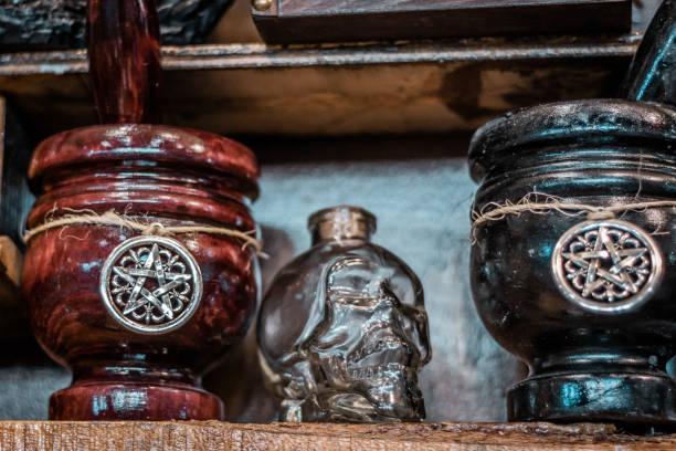 Rome. Italy, October 2019, Comic convention. Witchcraft books for spell and curses. Halloween themes, horror and thriller props, old steampunk atmosphere.
