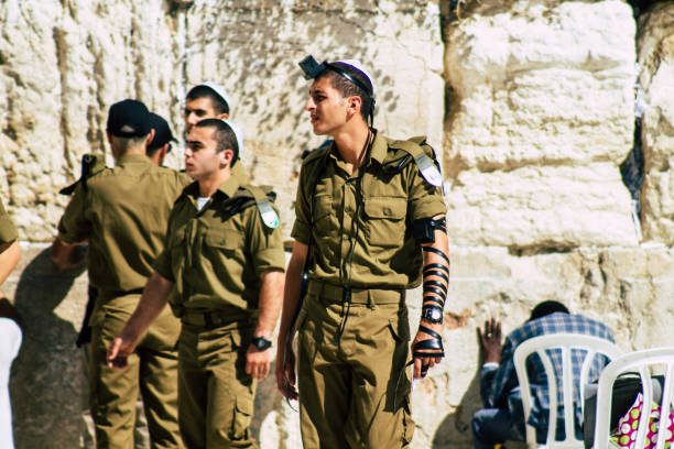 Jerusalem Israel October 06, 2019 View of unknowns Israeli soldiers praying front the Western wall in the Old city of Jerusalem in the afternoon