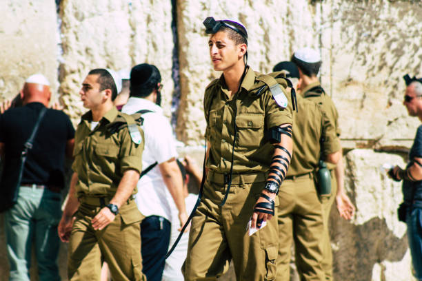 Jerusalem Israel October 06, 2019 View of unknowns Israeli soldiers praying front the Western wall in the Old city of Jerusalem in the afternoon