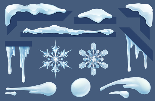 Set of frozen icicles, ice and snow winter design elements. Includes snowflakes and snowballs.