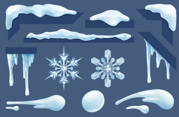 Frozen Icicles Ice and Snow Winter Design Elements Set of frozen icicles, ice and snow winter design elements. Includes snowflakes and snowballs. stalactite stock illustrations
