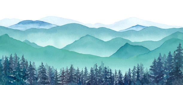 пейзаж туманных гор и хвойных лесных акварелей иллюстрация - illustration and painting panoramic sky snow stock illustrations