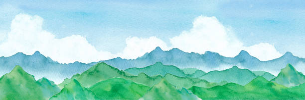 aquarell-illustration von bergen und blauem himmel und wolken - dormant volcano illustrations stock-grafiken, -clipart, -cartoons und -symbole