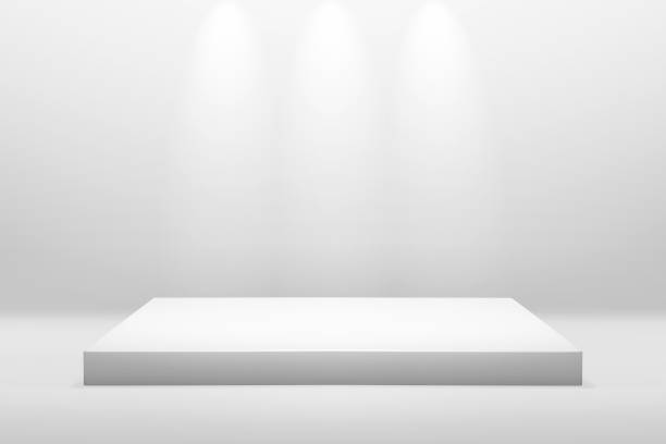 białe podium stoiska do wyświetlania lub prezentacji koncepcji na nowoczesnym tle pokoju z podświetlającym światłem. pusta półka licznikowa i tła produktu. - sparse city urban scene lighting equipment zdjęcia i obrazy z banku zdjęć