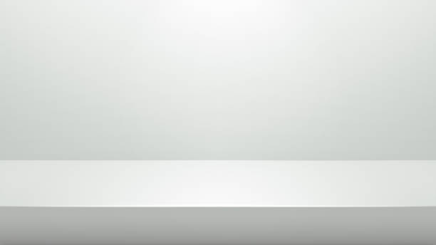 White podium stand for showing or presentation concept on modern room background with illuminate light. Empty counter shelf and product backdrops.