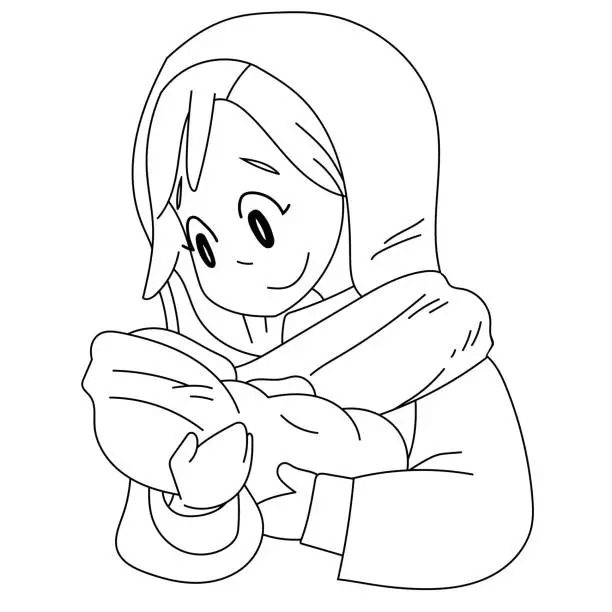 Vector illustration of A vector cartoon of Mary holding baby jesus. Coloring page.