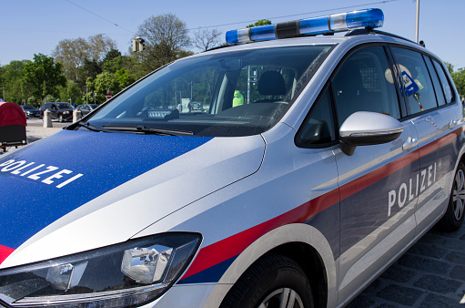 Vienna, Austria - April 24 2019: Austrian police car patrolling in city center in Vienna, Austria.