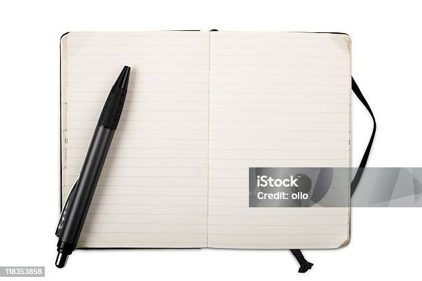 Utilizado Abrir O Notebook Com Esferográficasisolado A Branco - Fotografias de stock e mais imagens de Caderno de notas