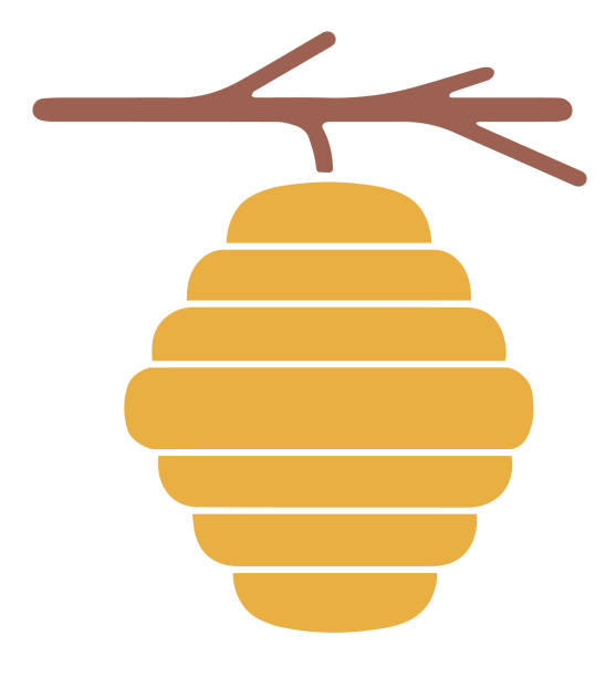 einfaches vektorsymbol eines gelben bienenstocks auf einem baumzweig - beehive stock-grafiken, -clipart, -cartoons und -symbole