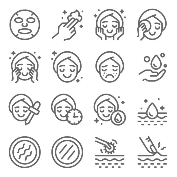 stockillustraties, clipart, cartoons en iconen met skin care icons set vector illustratie. bevat een dergelijk icoon zoals aroma, reiniging, behandeling, acne, vochtig en meer. uitgevouwen lijn - gezicht wassen